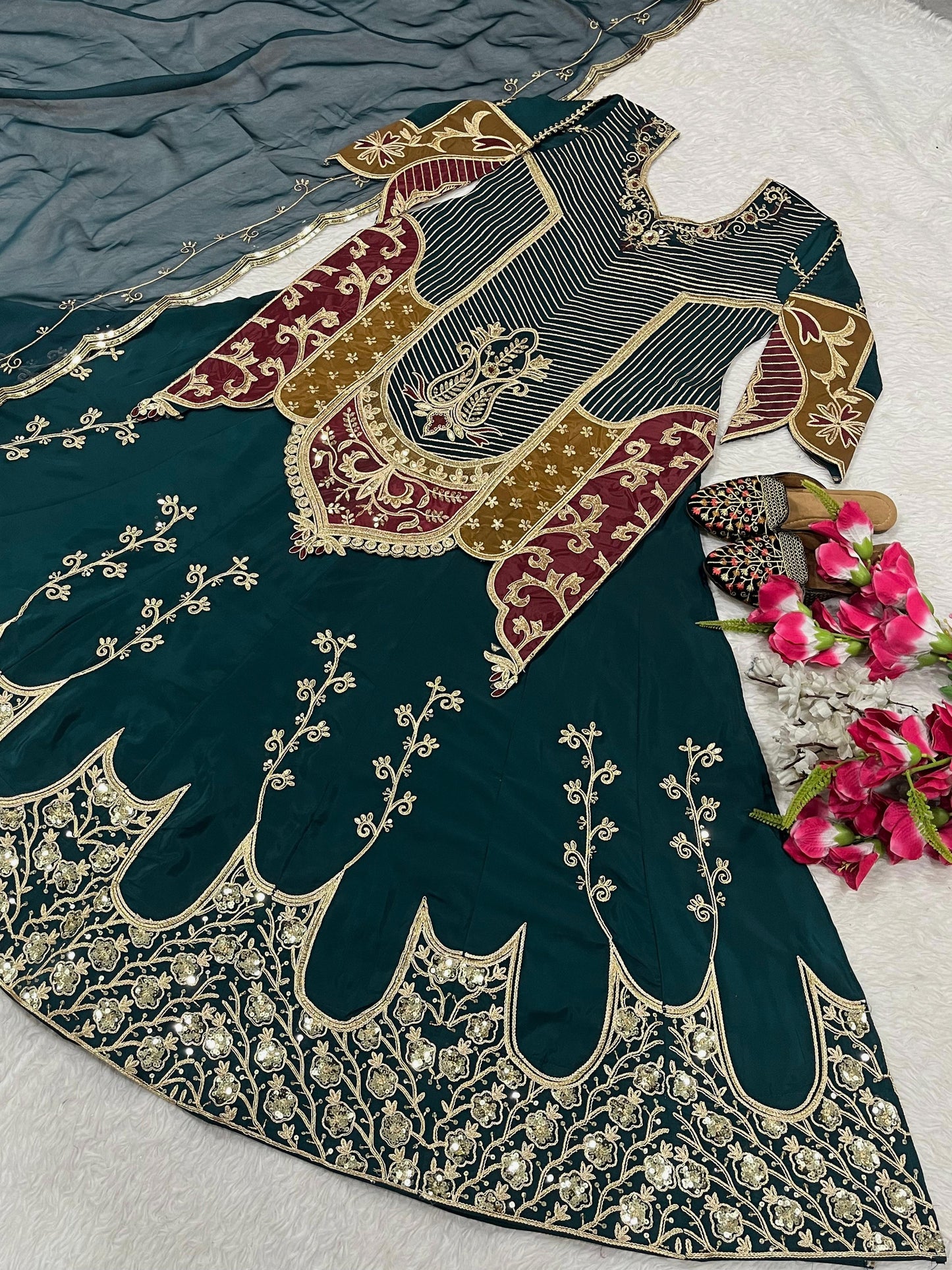 Function Wear Heavy Work Green Color Top With Lehenga