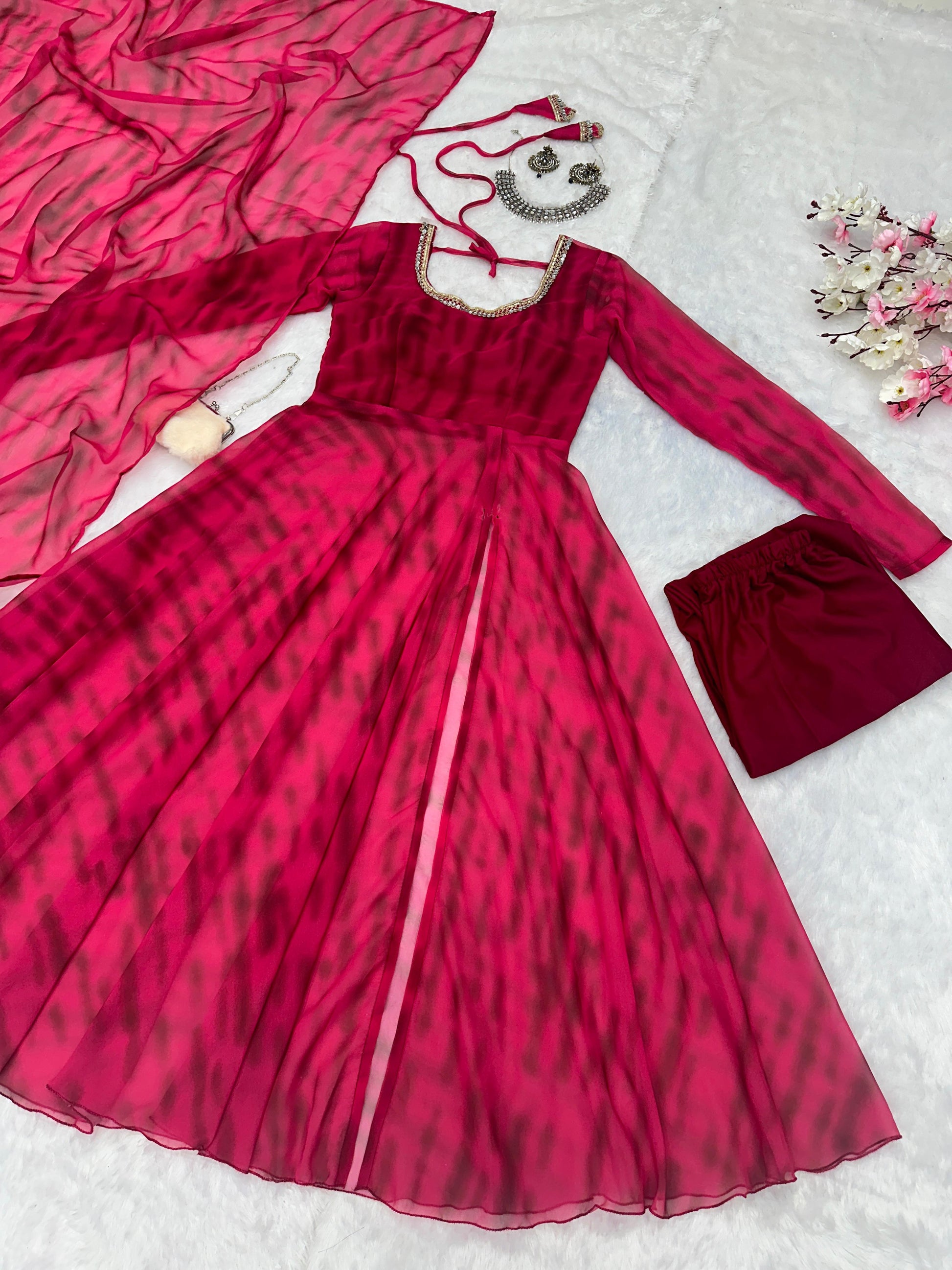 Classic Georgette Pink Color Mirror Work Anarkali Suit