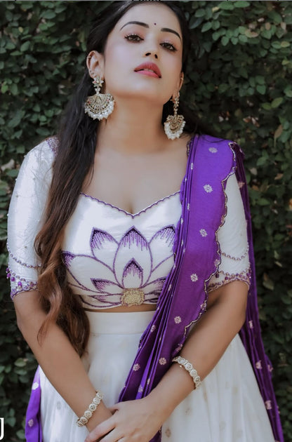 Demanding Chinon Digital Print White & Purple Color Lehenga Choli