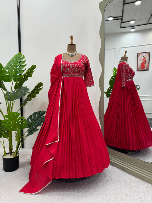 Awesome Real Mirror Work Red Color Gown