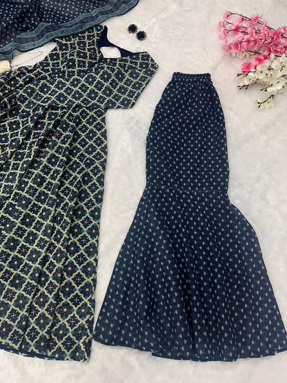 Captivating Cotton Printed Blue Color Gown