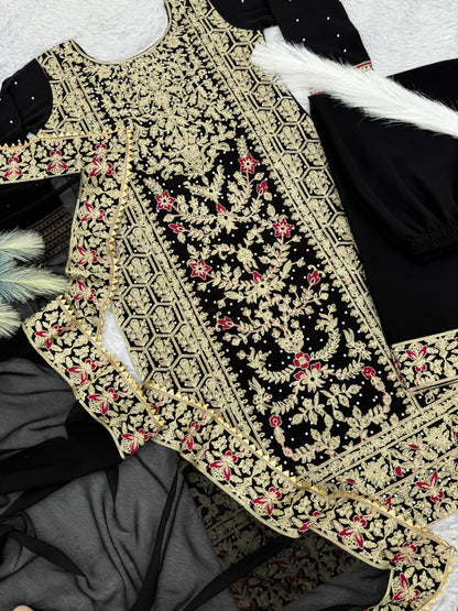 Pattern Wedding & Party Wear Moti Work Black Color Sharara Suit