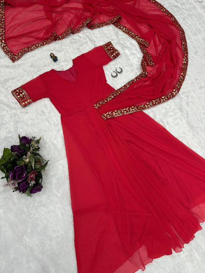 Good Looking Embroidery Work Red Color Saree Gown