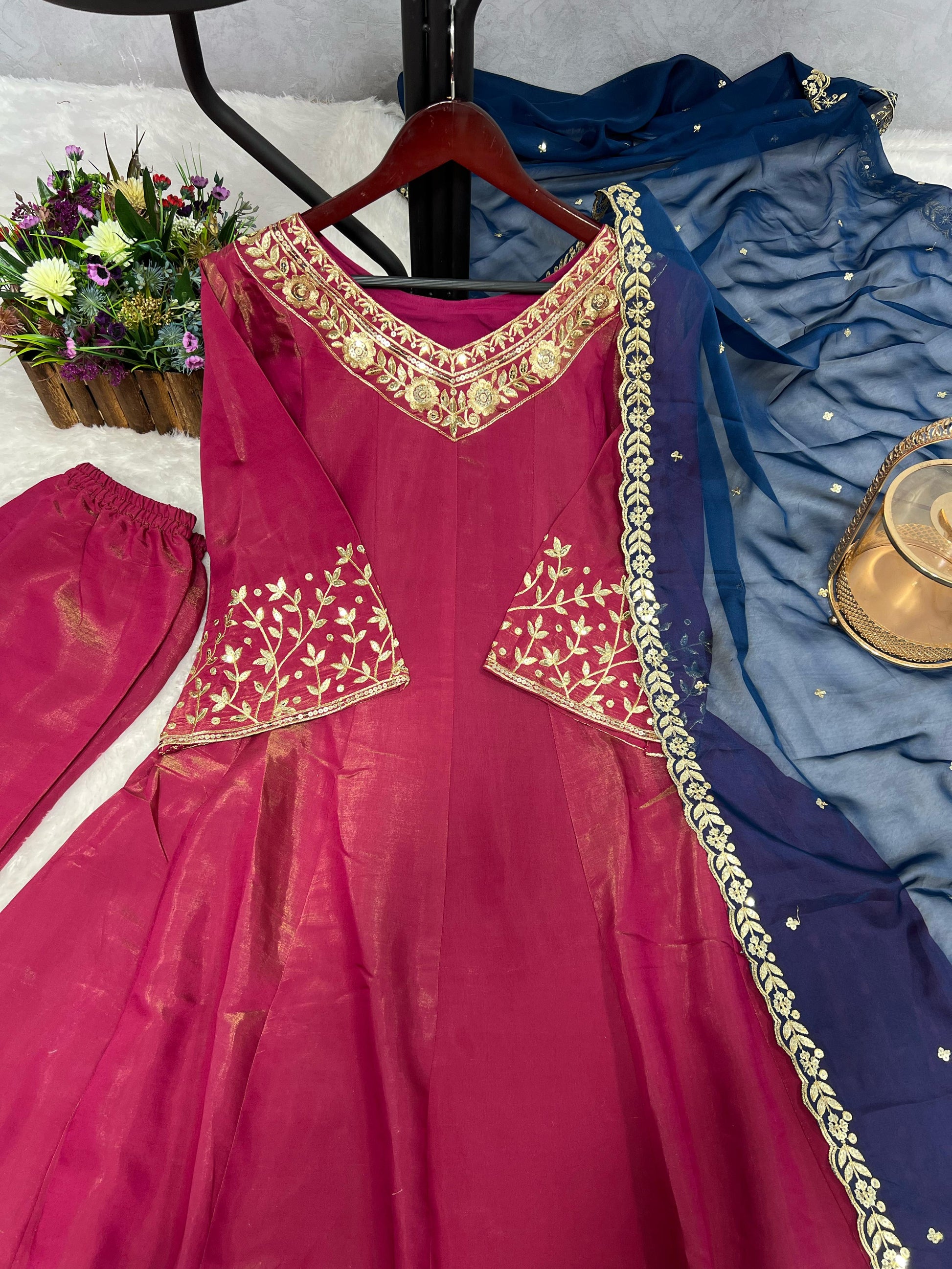 Designer Chimar Silk Pink Color Anarkali Suit