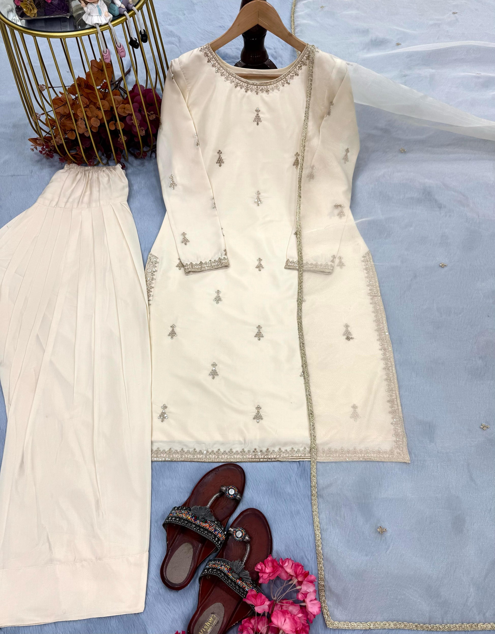 Delightful Embroidery Work Cream Color Palazzo Suit