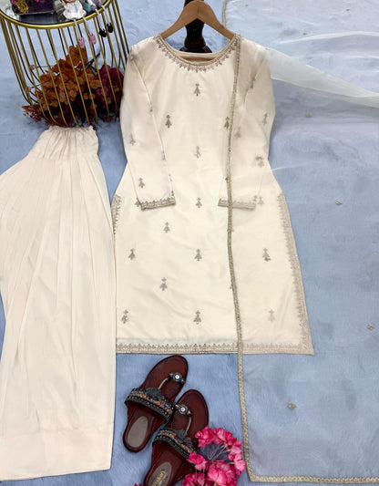 Delightful Embroidery Work Cream Color Palazzo Suit