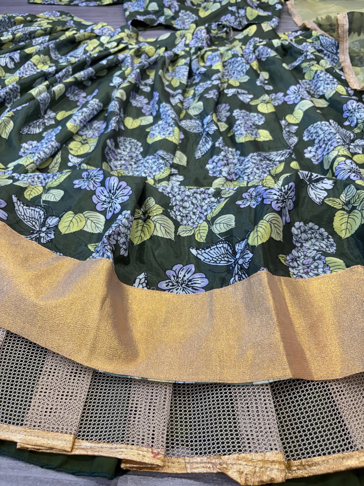 Stunning Chinon Silk Green Color Flower Print Lehenga Choli