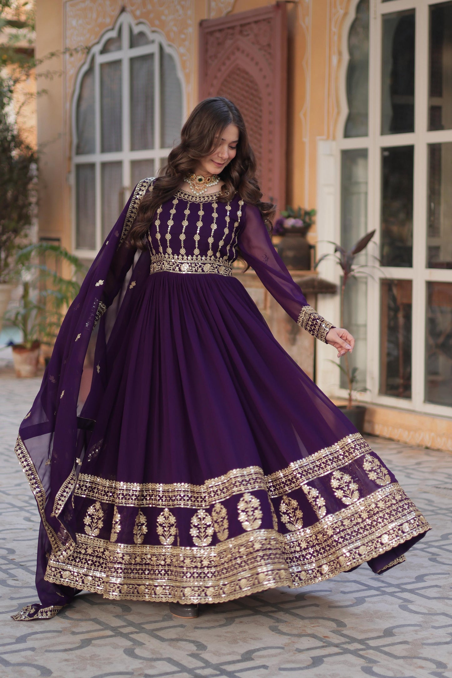 Fantastic Embroidery Work Wine Color Gown