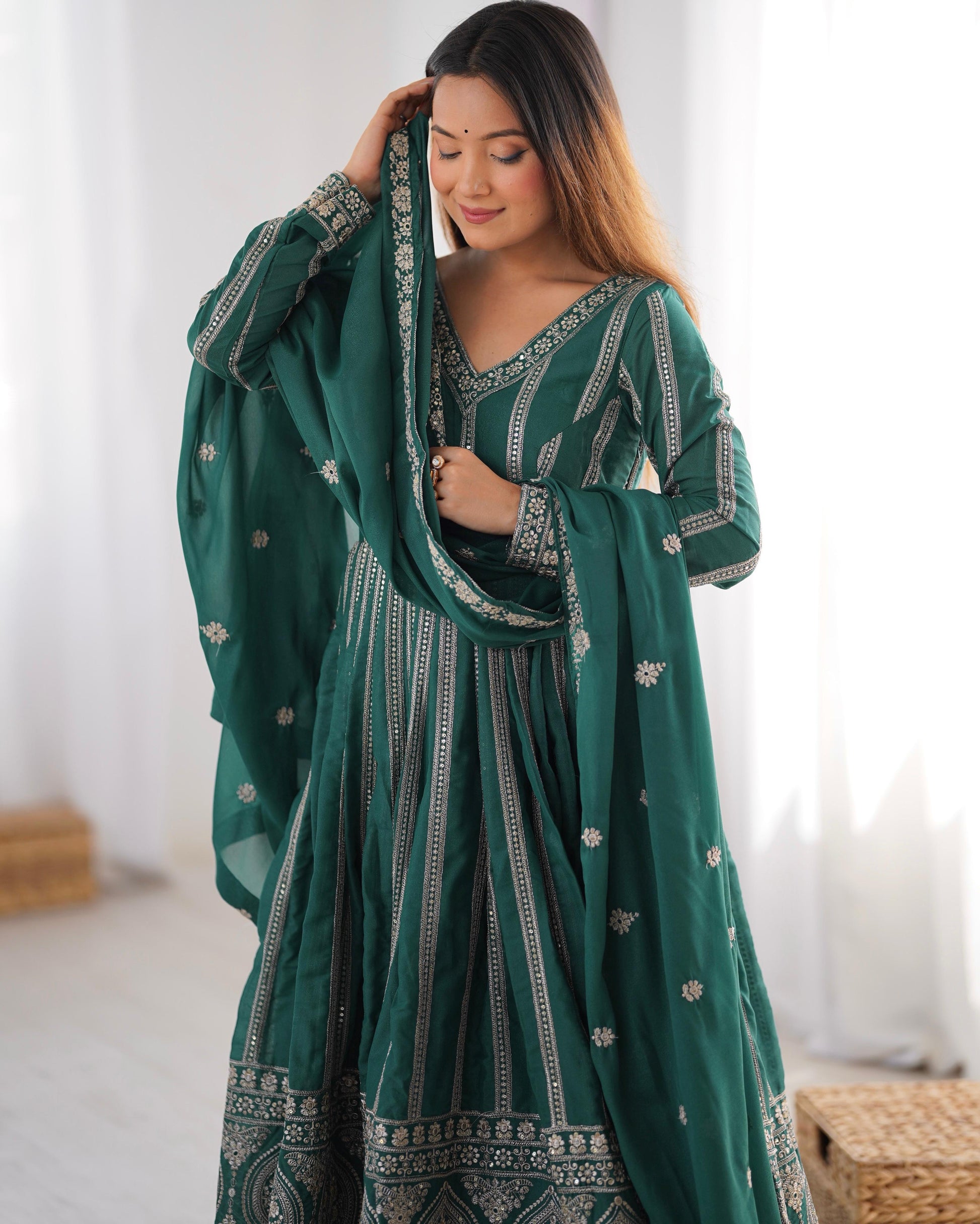 Wonderful Sequence Work Teal Green Color Gown