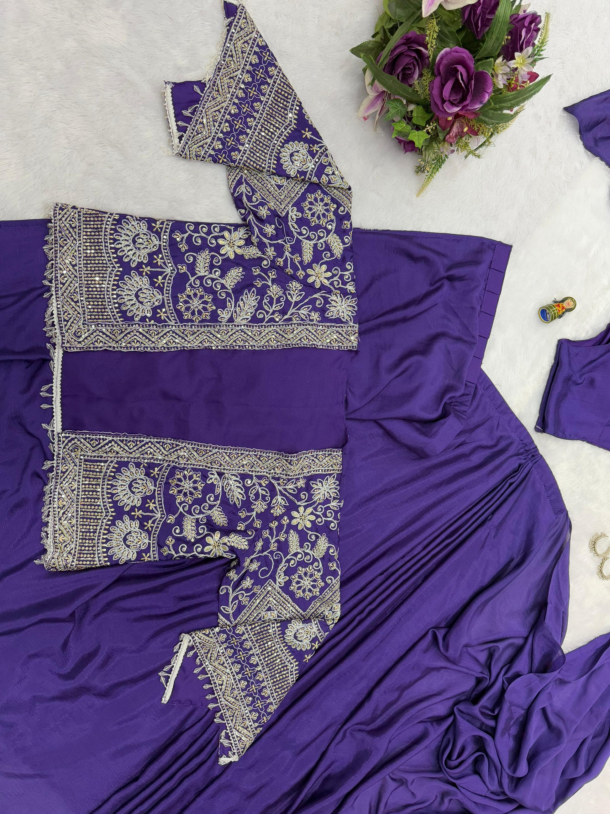 Mesmerizing Purple Color Chinon Silk Ready to Wear Saree
