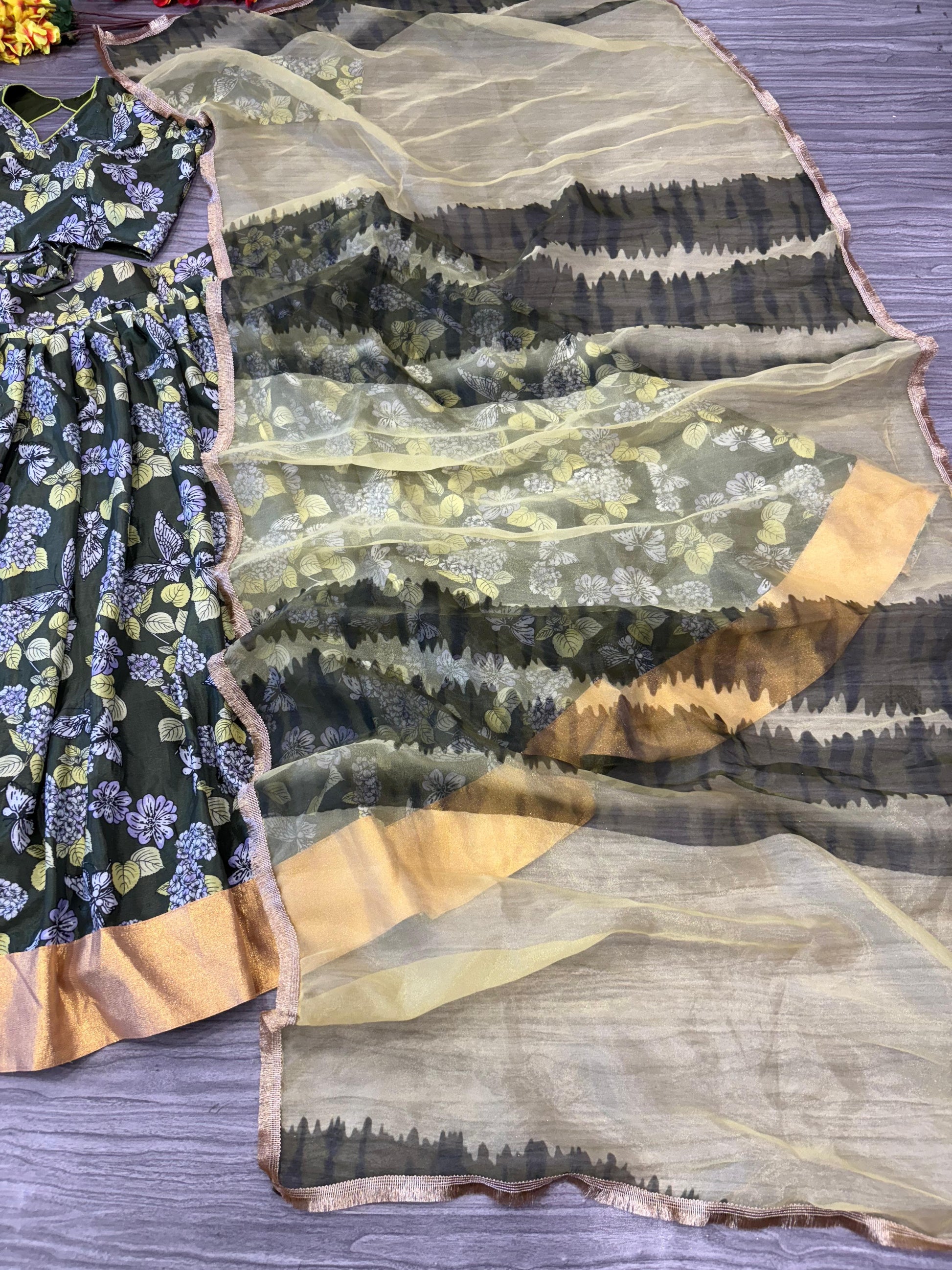 Stunning Chinon Silk Green Color Flower Print Lehenga Choli