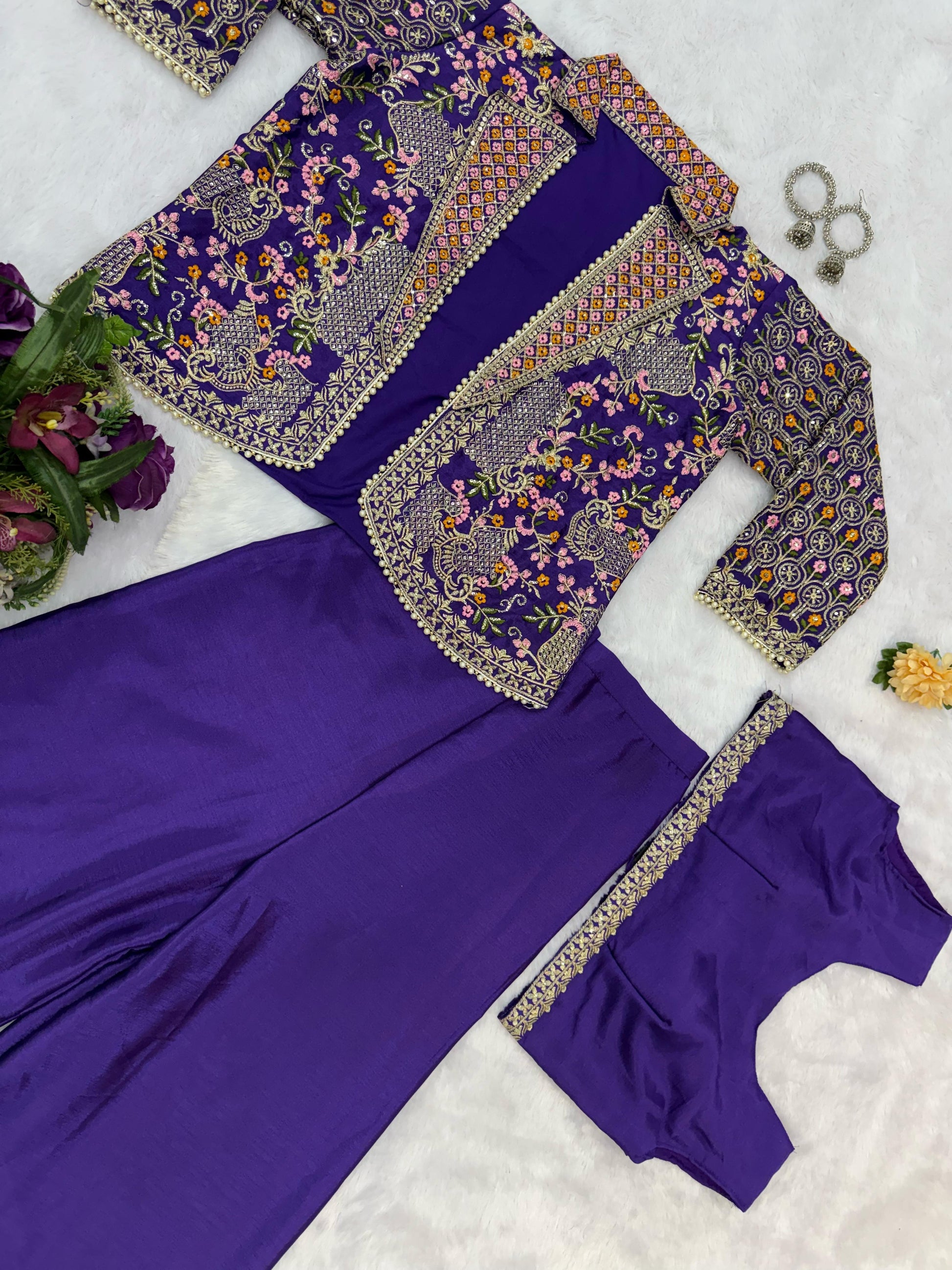 Flattering Chinon Purple Color Palazzo Top With Koti