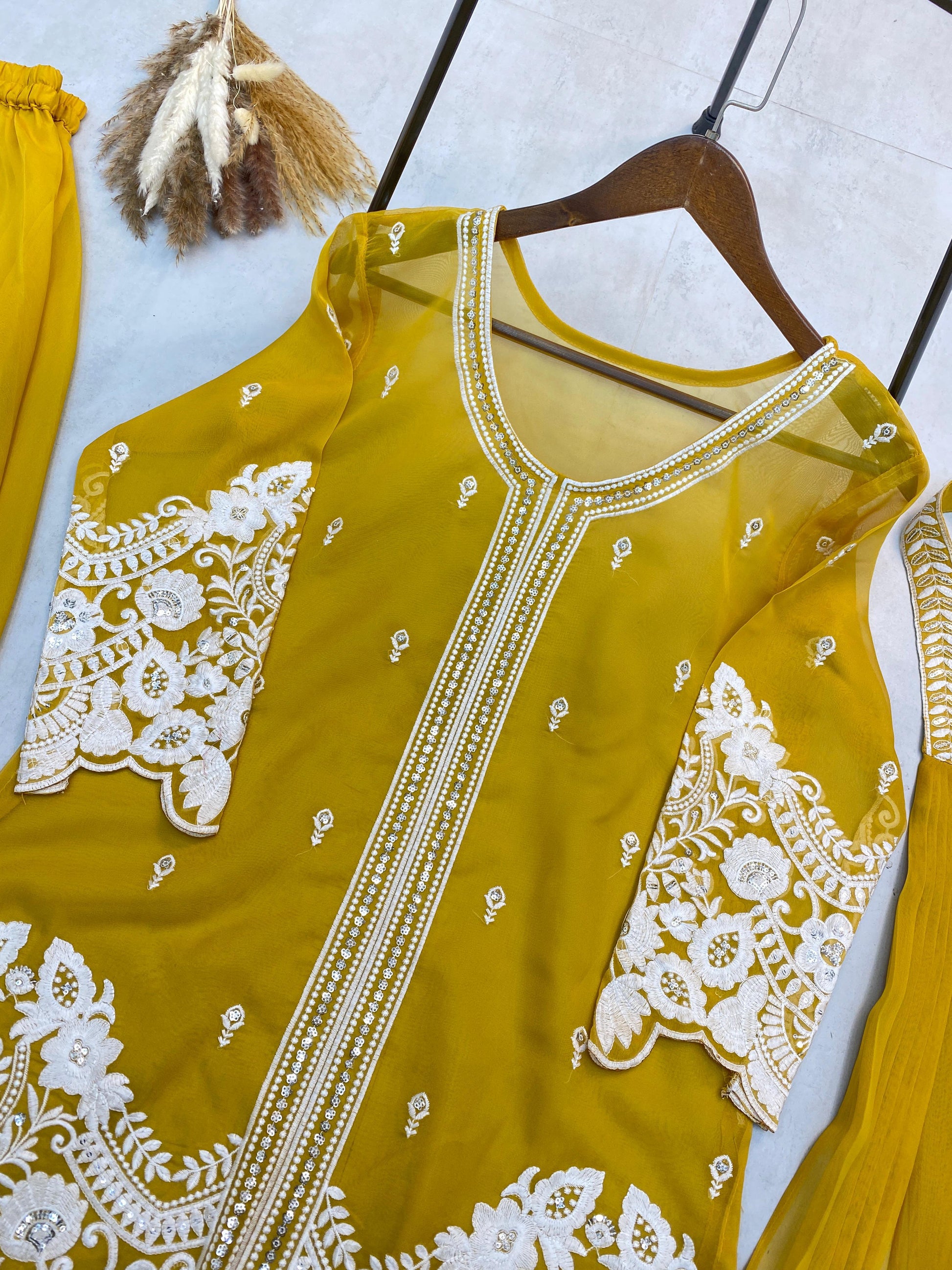 Glimmering Sequence Embroidery Work Yellow Color Palazzo Suit
