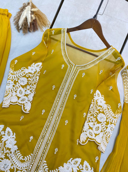 Glimmering Sequence Embroidery Work Yellow Color Palazzo Suit