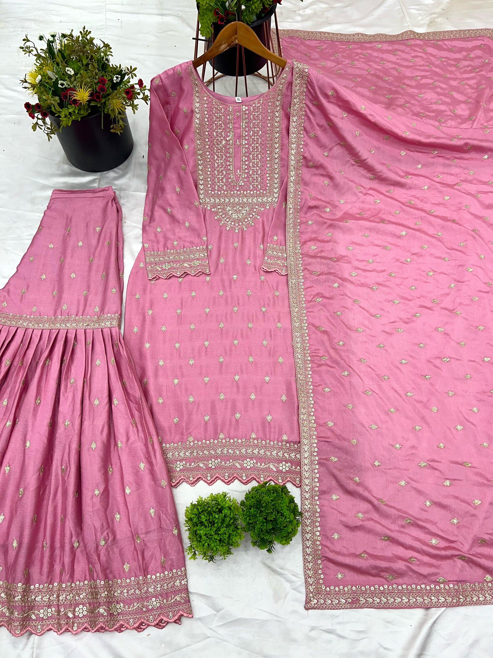 Heavy Embroidery Work Light Pink Color Sharara Suit