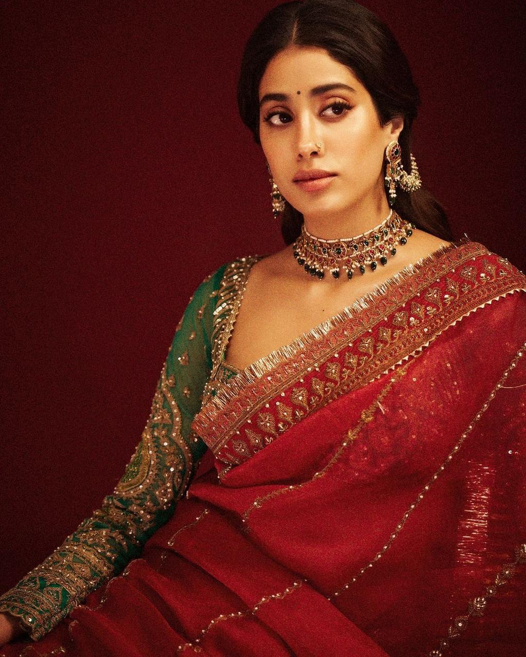 Jhanvi Kapoor Bollywood Organza Silk Red Color Sequnce Work Saree