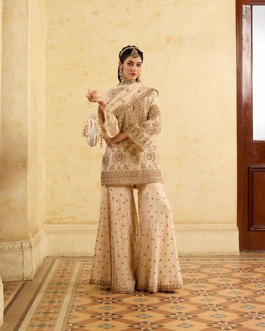Stunning Cream Color Sequence Work Sharara Suit