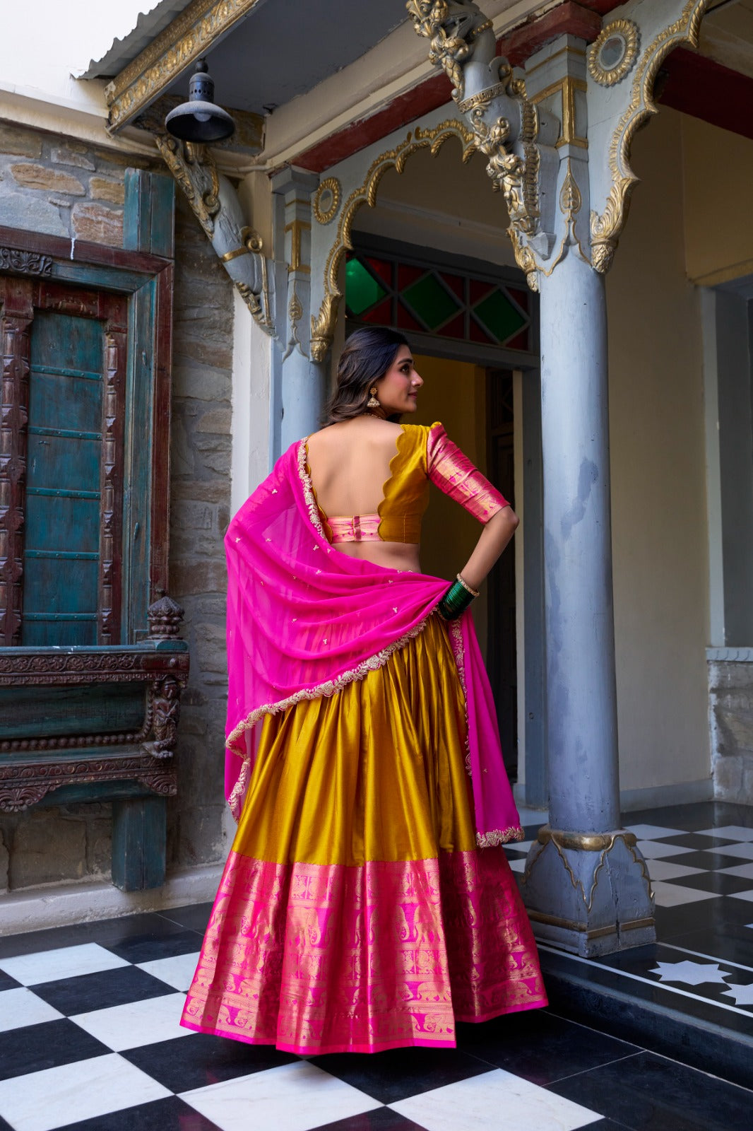Blissful Zari Weaving Work Yellow & Pink Color Lehenga Choli