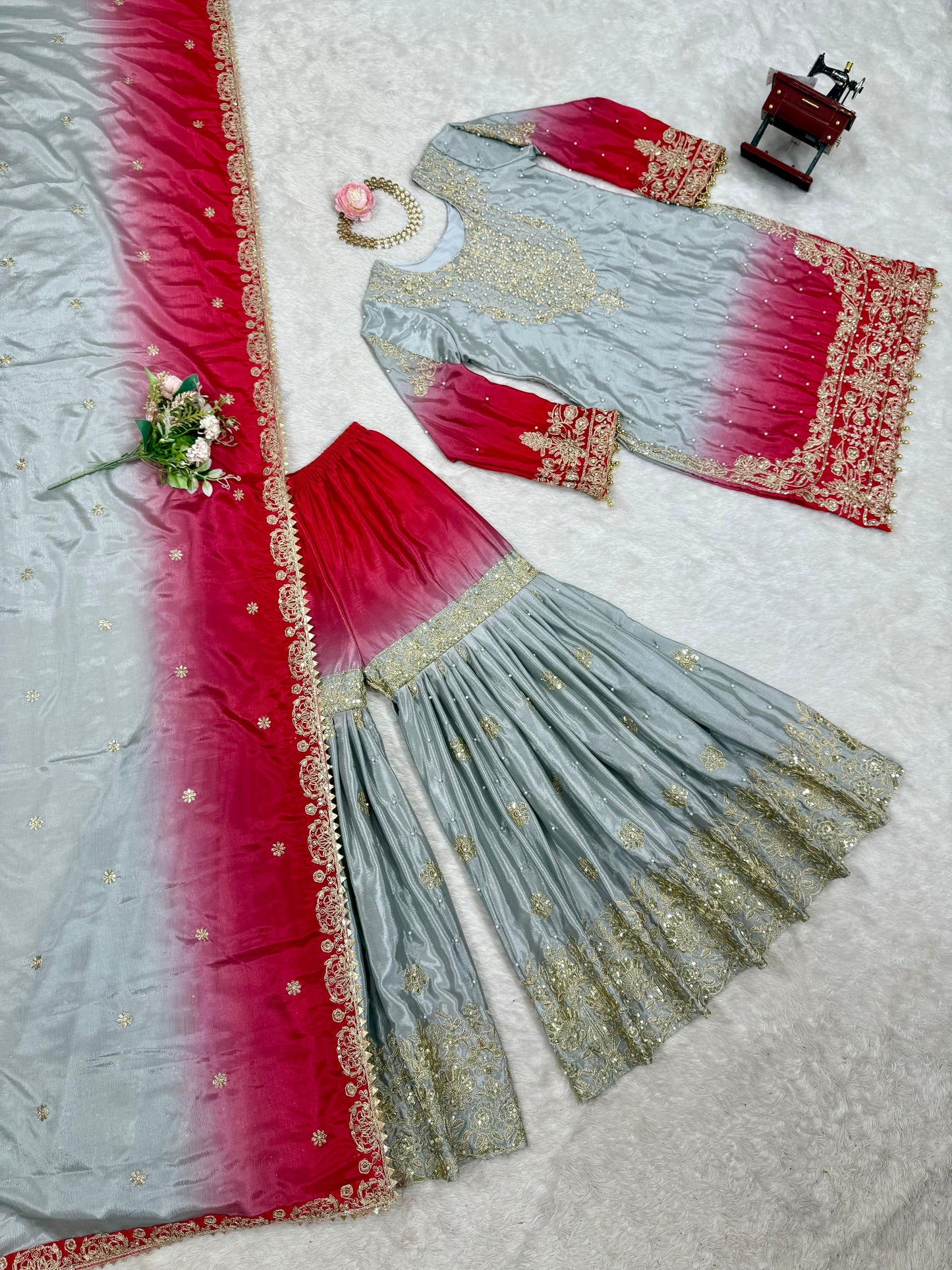 Good Looking Chinon Silk Rivet Moti Grey Color Sharara Suit