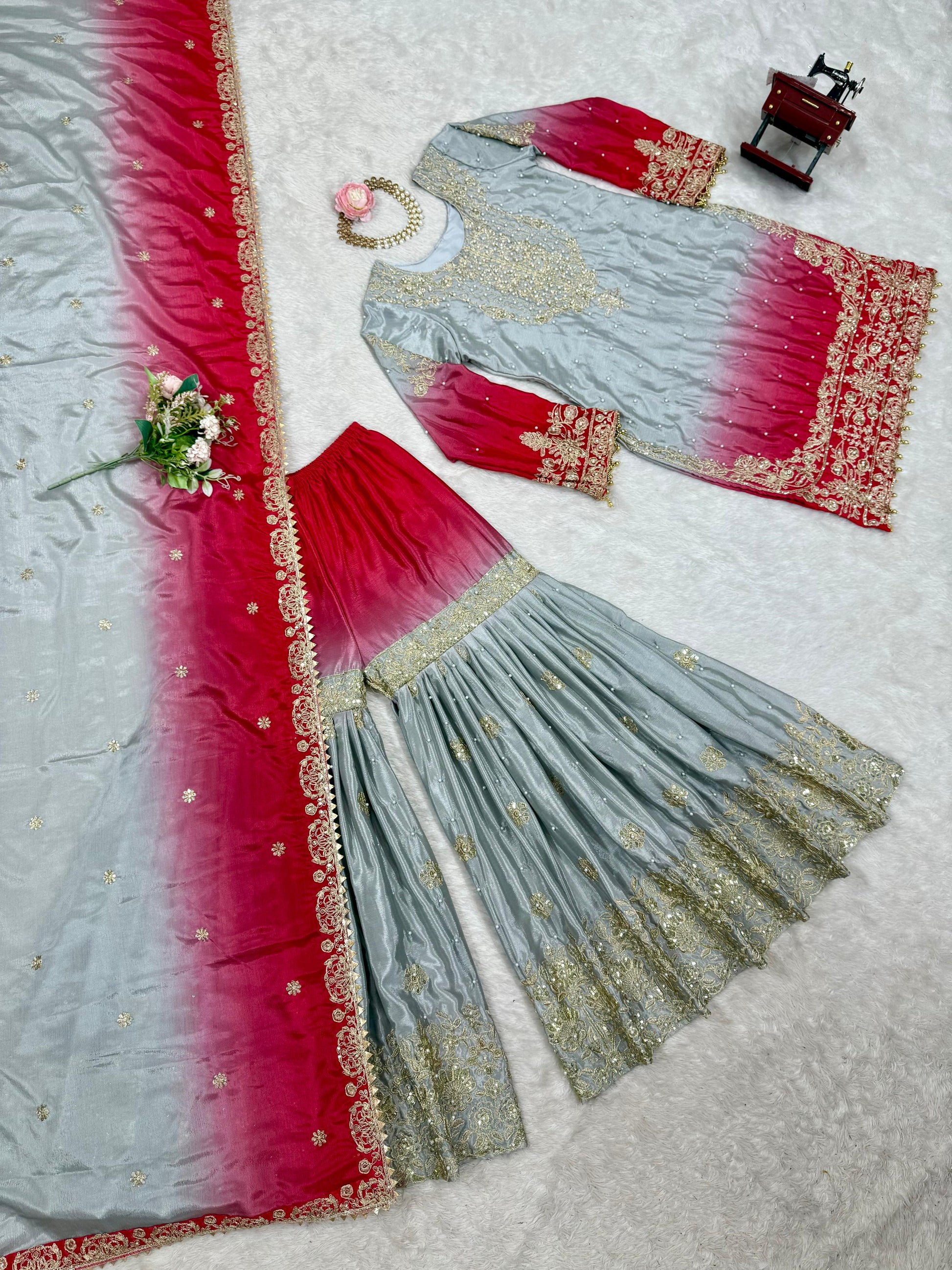 Good Looking Chinon Silk Rivet Moti Grey Color Sharara Suit