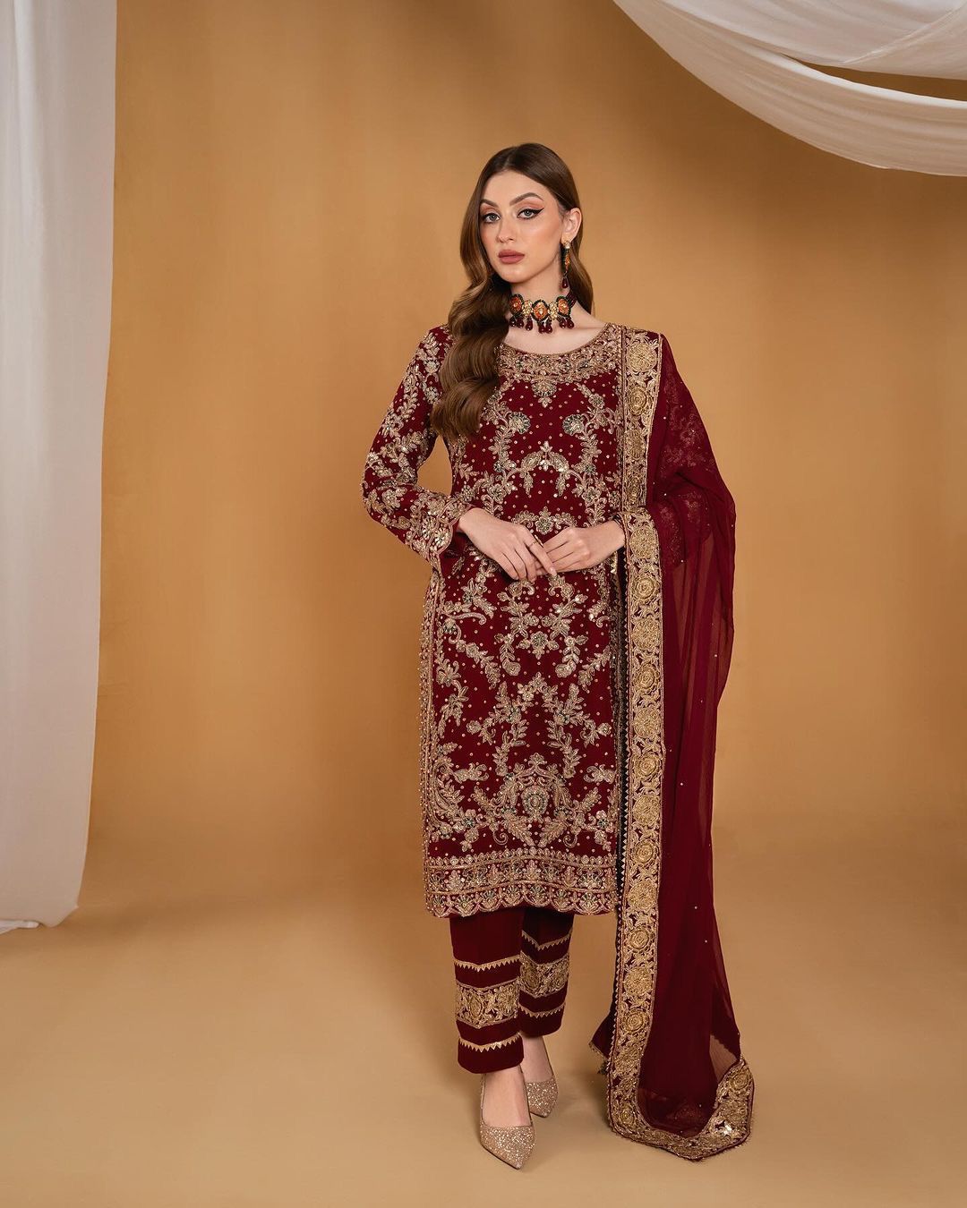 Graceful Chinnon Silk Maroon Color Palazzo Suit