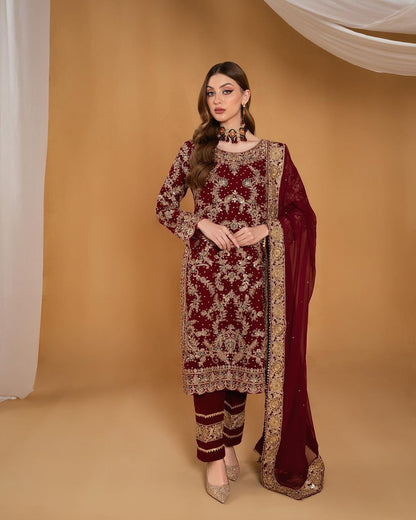 Graceful Chinnon Silk Maroon Color Palazzo Suit