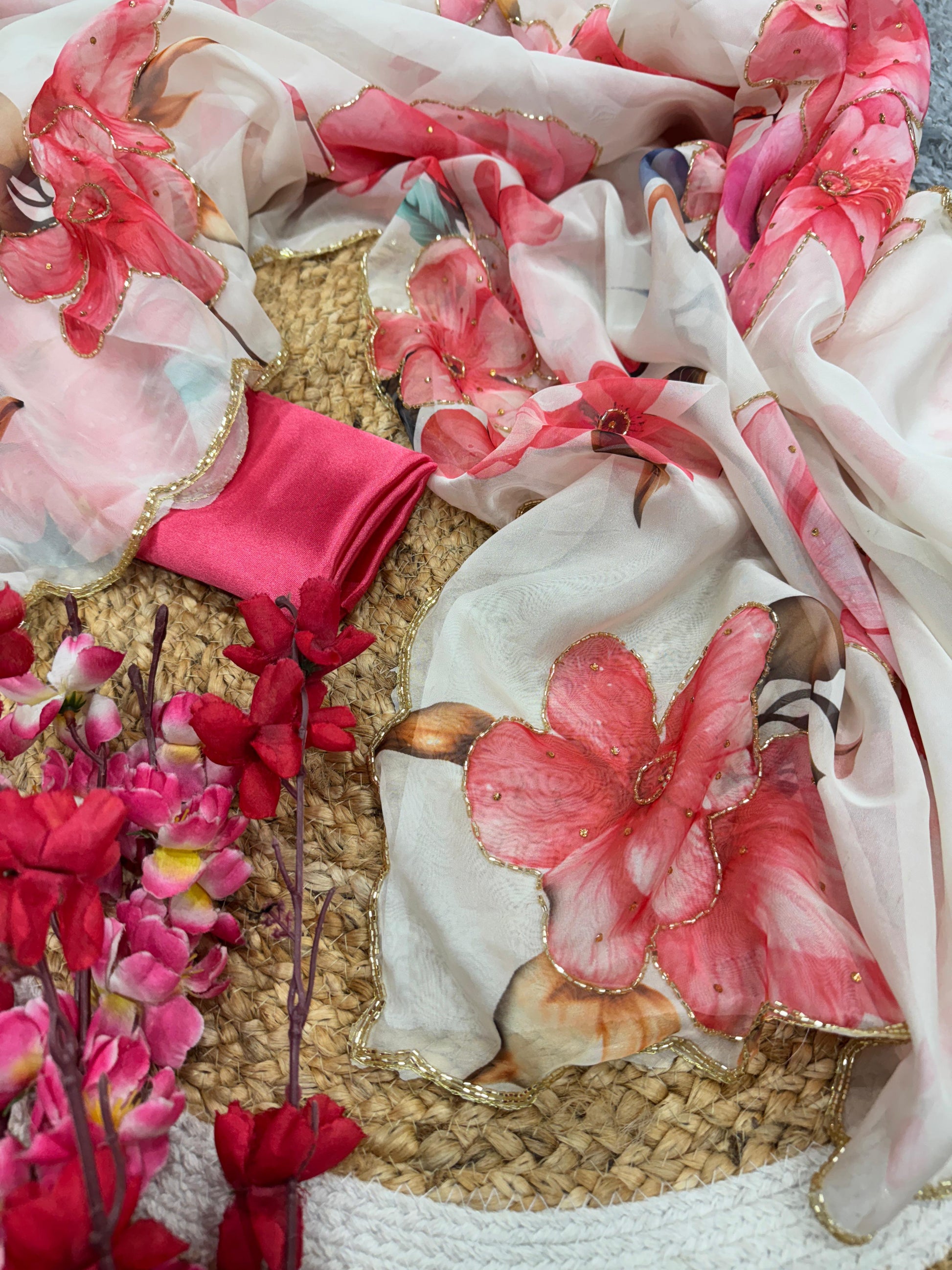 Pretty Floral Print White Color Saree