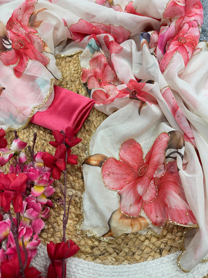 Pretty Floral Print White Color Saree