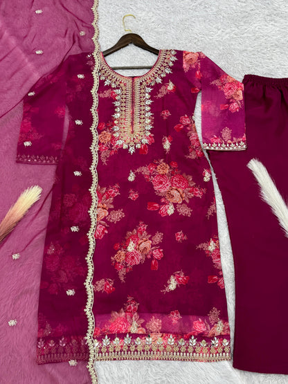 Flattering Sequence Heavy Stone Mirror Hand Work Wine Color Palazzo Suit