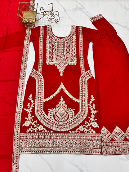 Outstanding Vichitra Silk Red Color Palazzo Suit