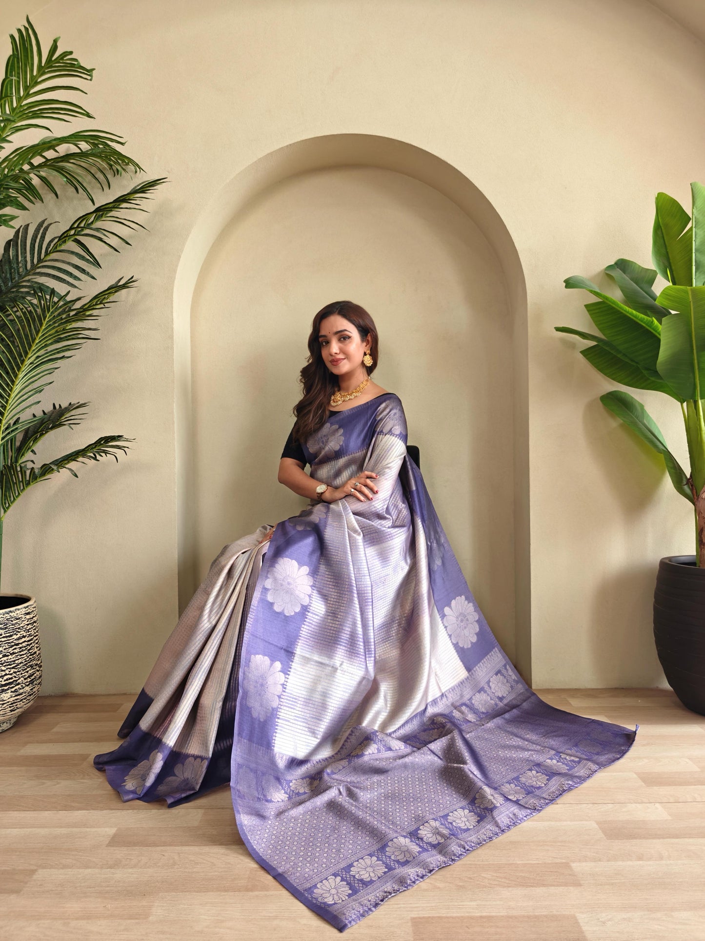Lavender Color Flower Print Silk Saree
