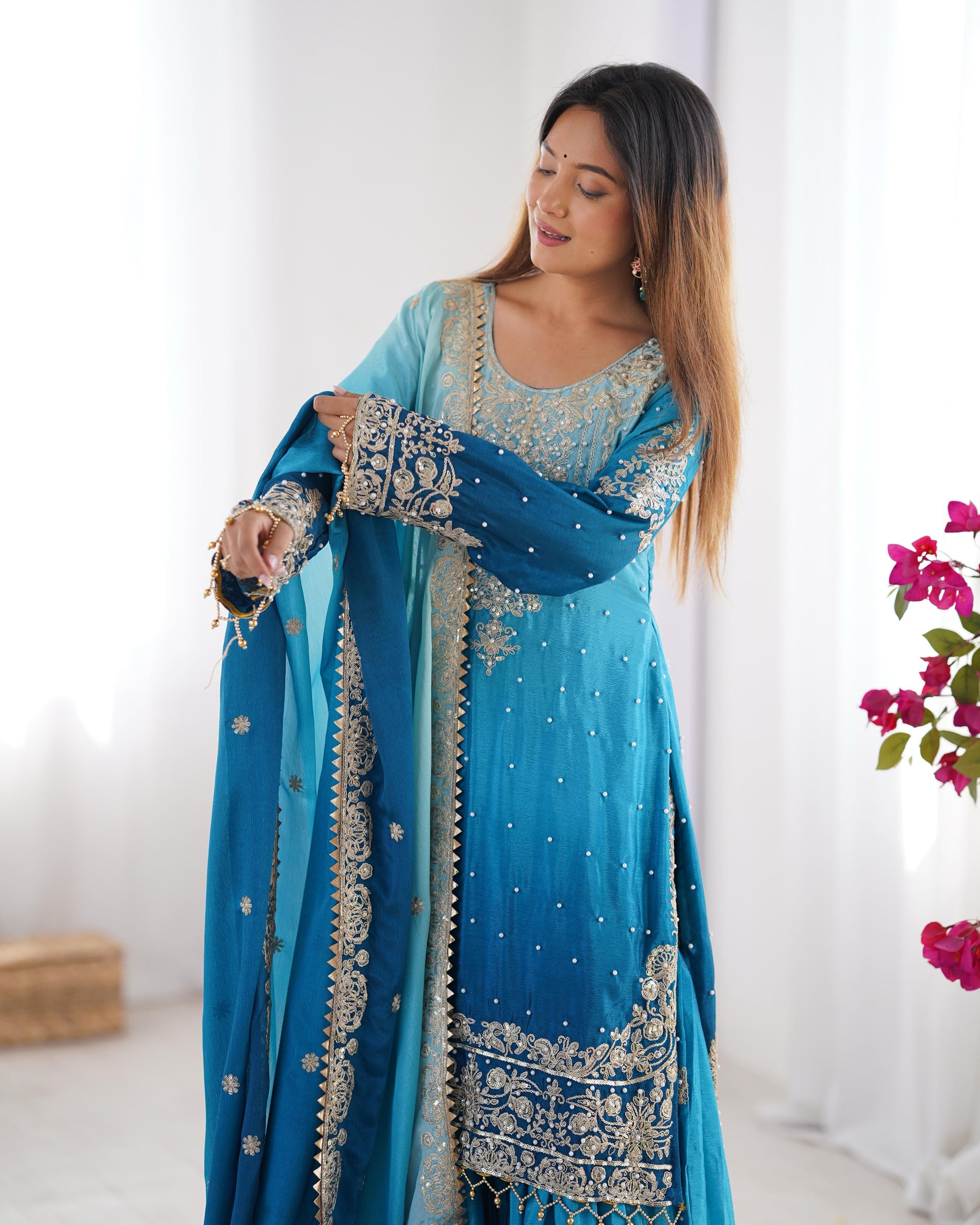 Good Looking Chinon Silk Rivet Moti Teal Blue Color Sharara Suit