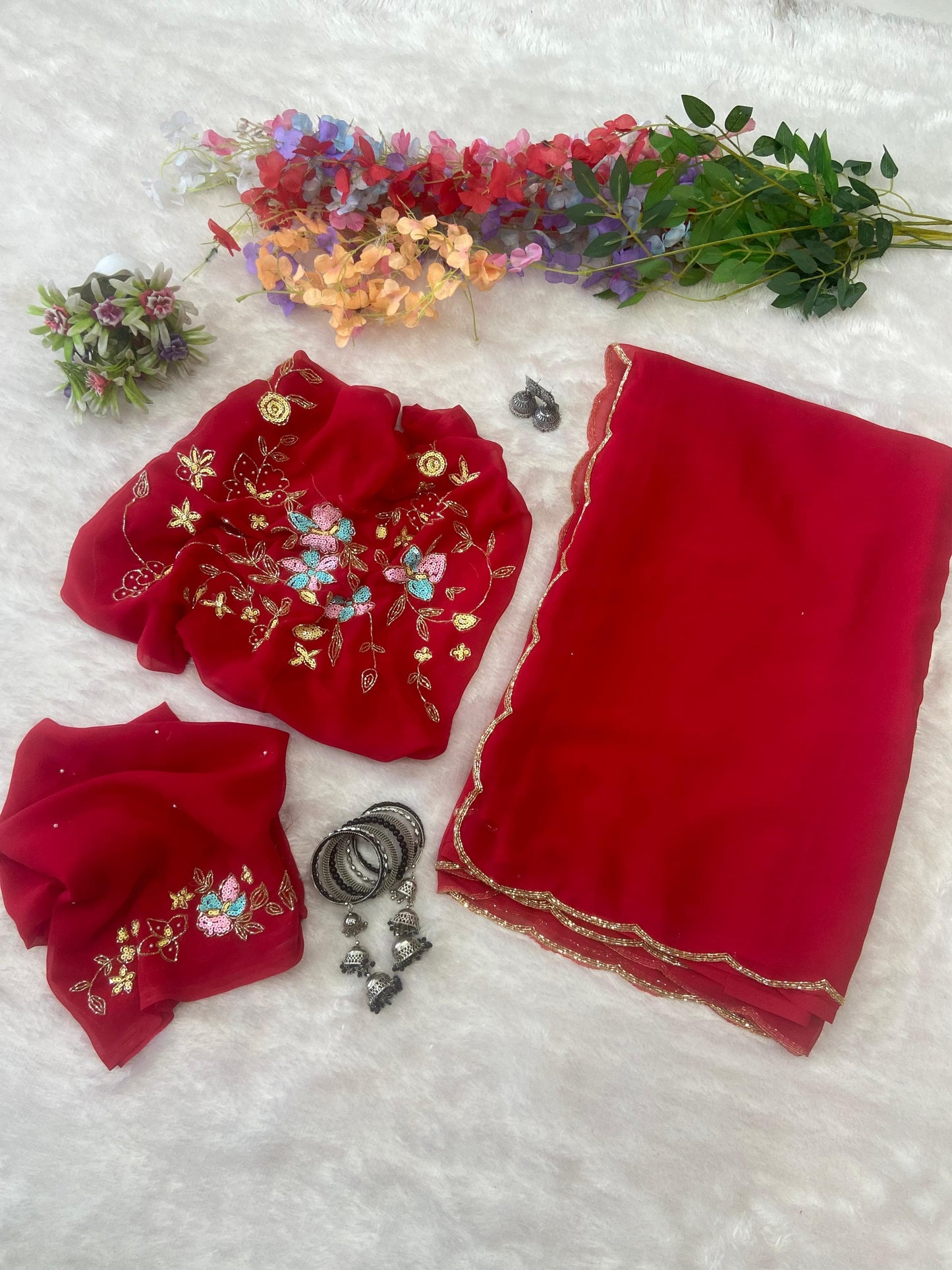 Elegant Georgette Hand Work Red Color Saree