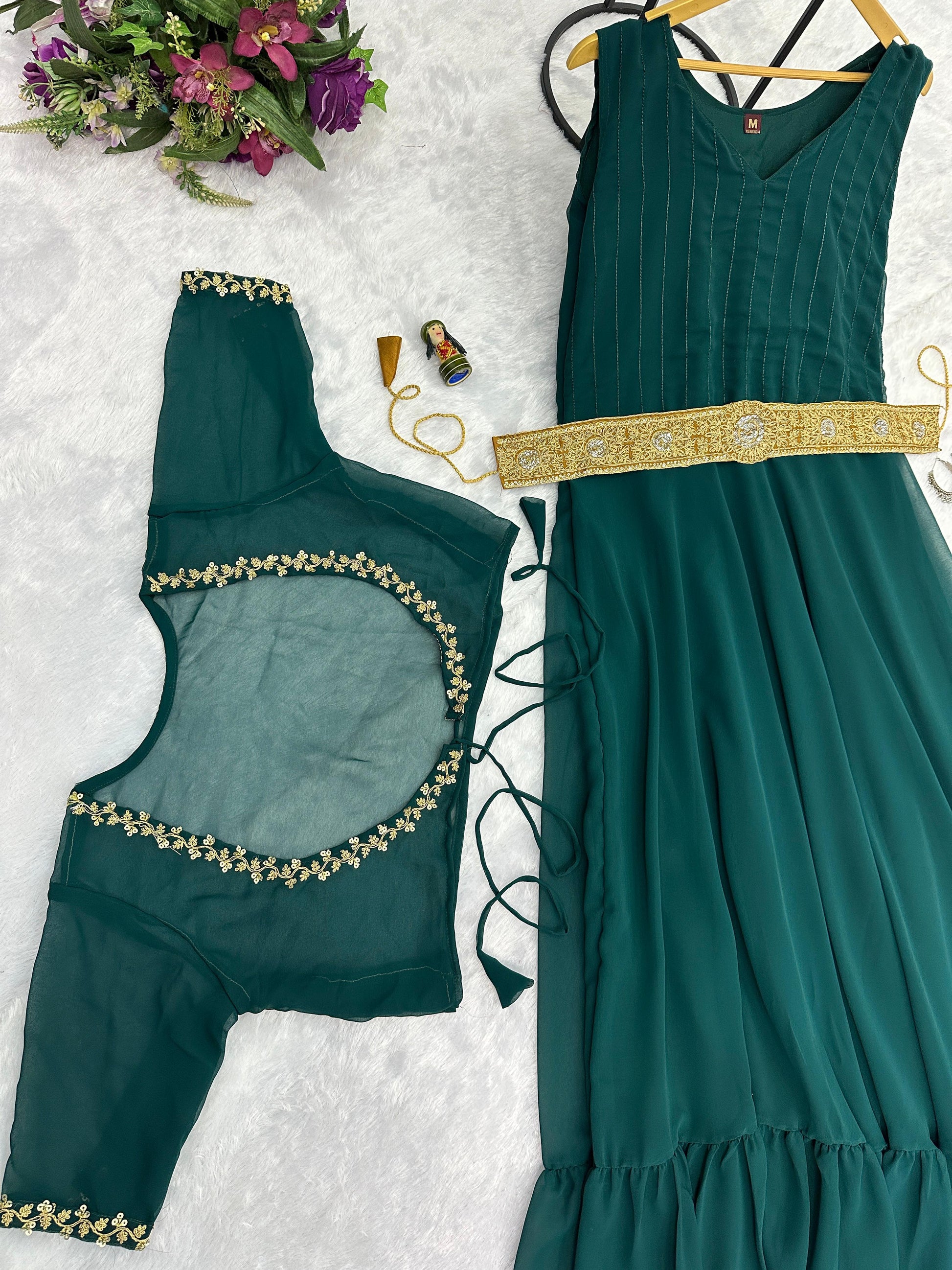 Designer Georgette Green Color Gown With Koti
