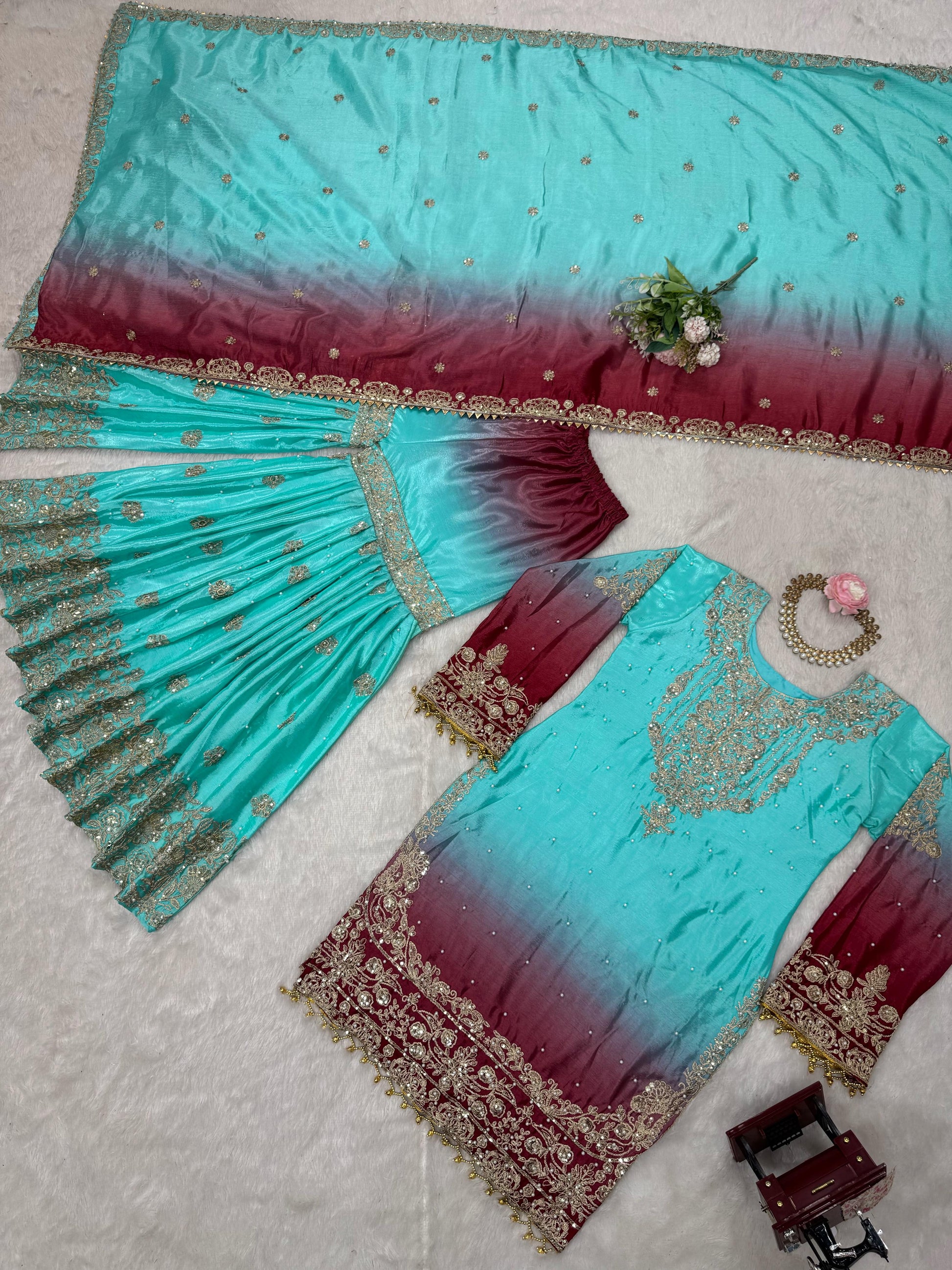 Good Looking Chinon Silk Rivet Moti Sky Blue Color Sharara Suit