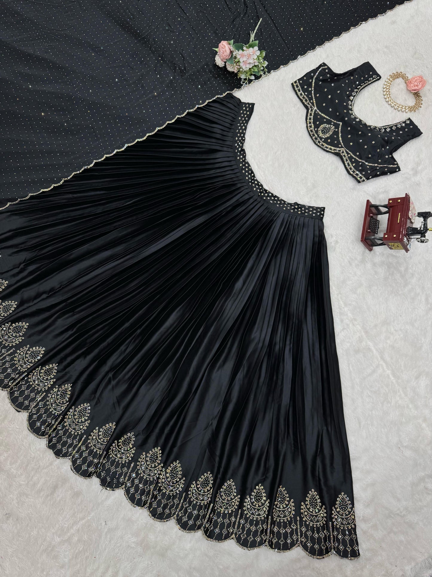 Wedding Wear Black Color Satin Silk Lehenga Choli