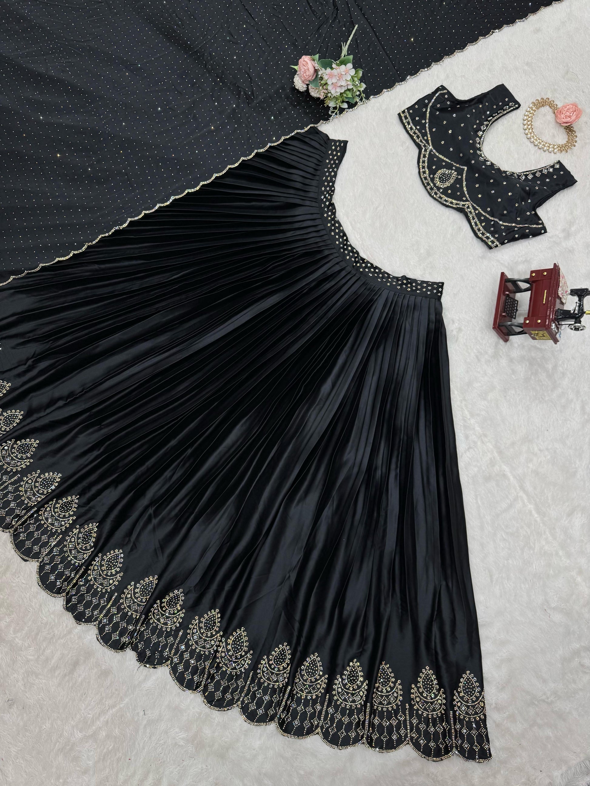 Wedding Wear Black Color Satin Silk Lehenga Choli