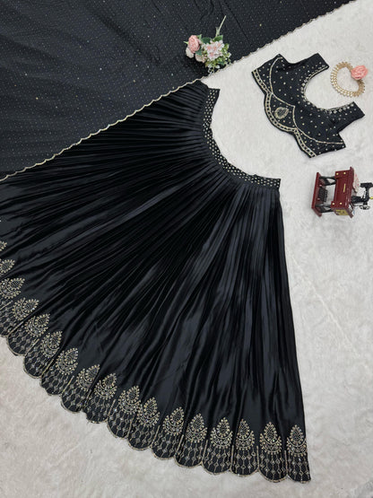 Wedding Wear Black Color Satin Silk Lehenga Choli