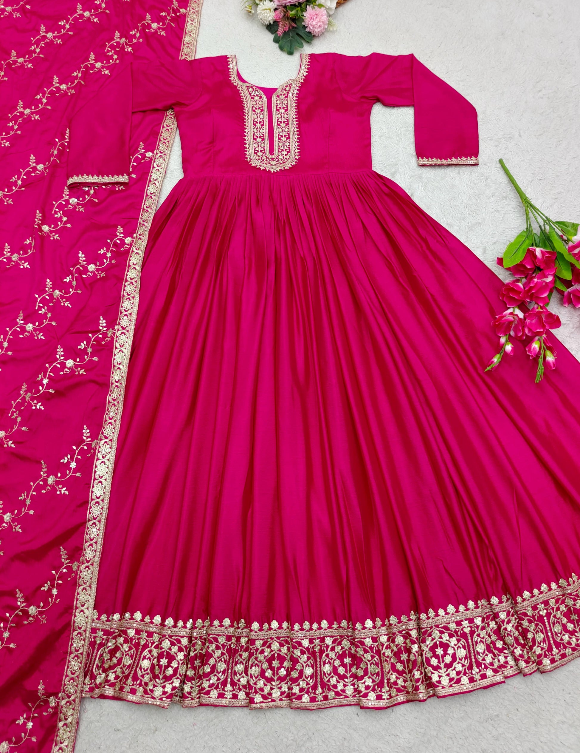 Fashionable Satin Silk Embrodery Work Pink Color Gown