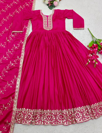Fashionable Satin Silk Embrodery Work Pink Color Gown
