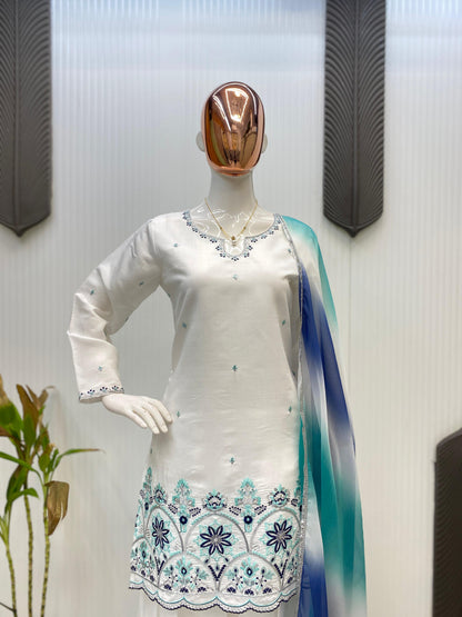 Elegant Roman Silk White Color Salwar Suit