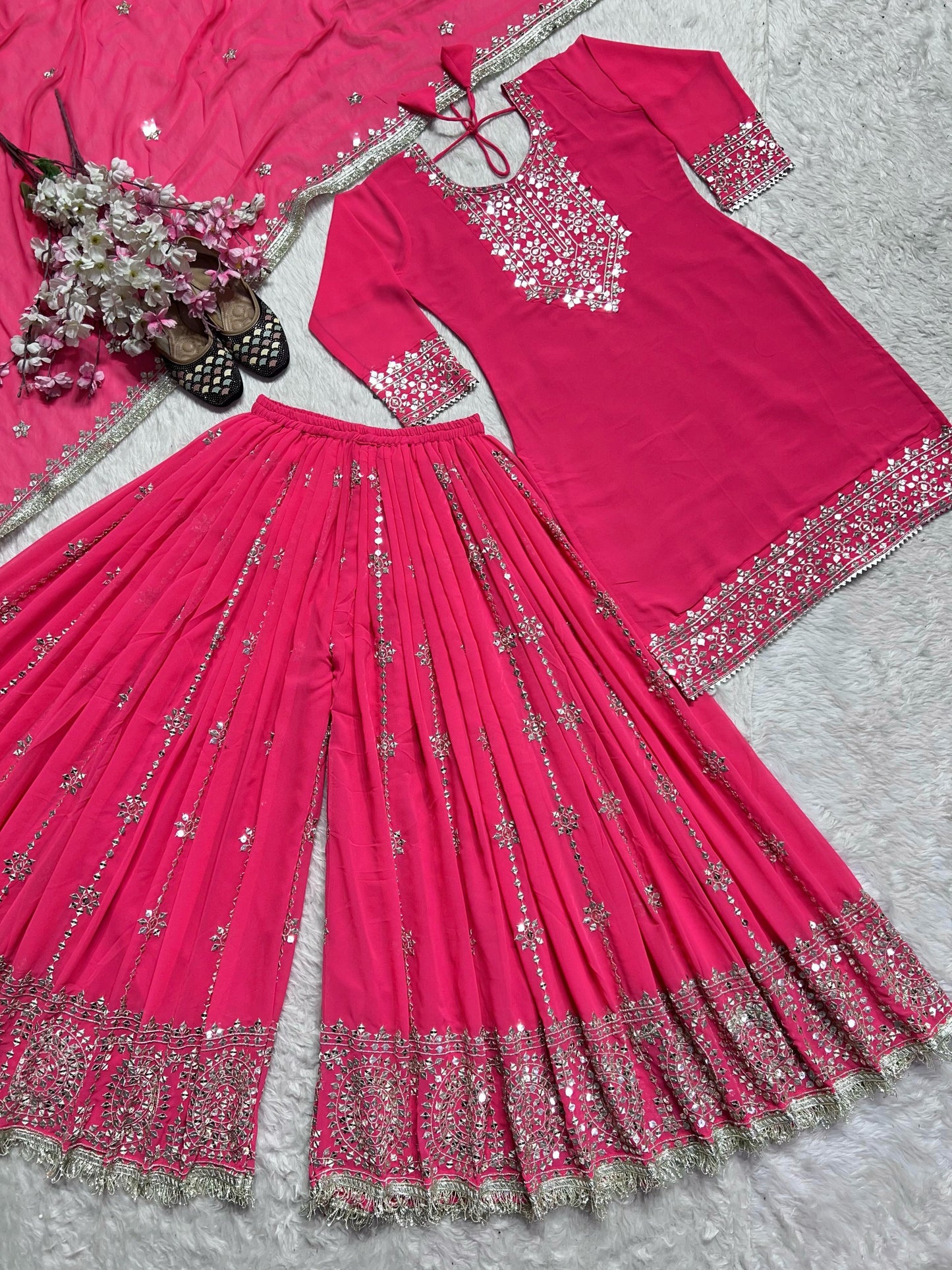 Pink Color Designer Three Piece Sharara Suit