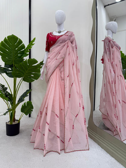 Festive Wear Sequence Work Light Pink Silk Saree