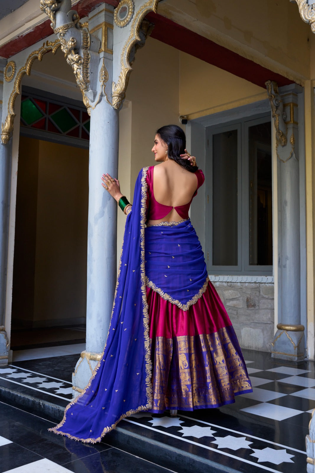 Blissful Zari Weaving Work Pink & Blue Color Lehenga Choli