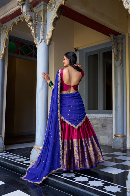 Blissful Zari Weaving Work Pink & Blue Color Lehenga Choli