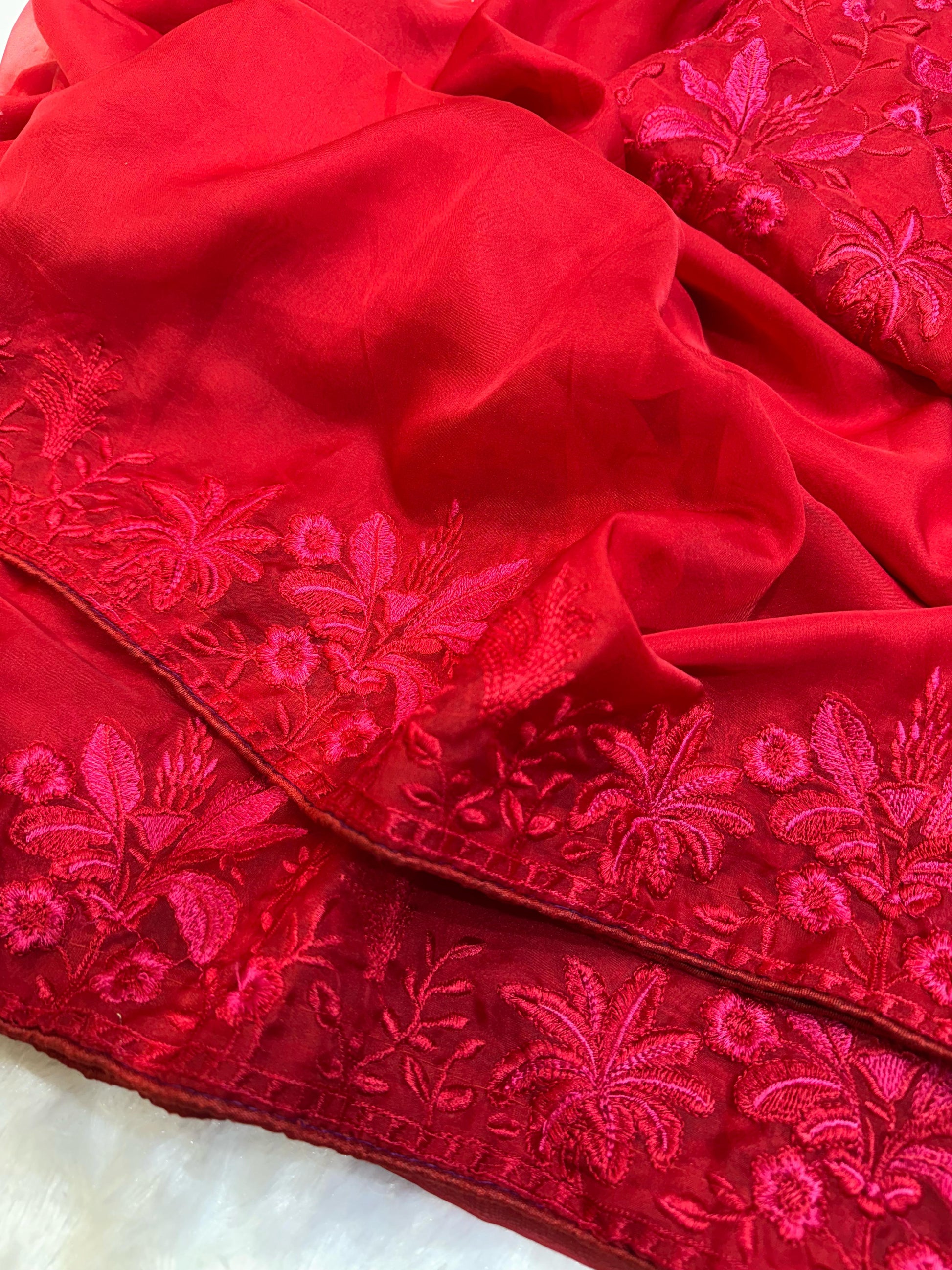 Alluring Organza Embroidery Work Red Color Saree