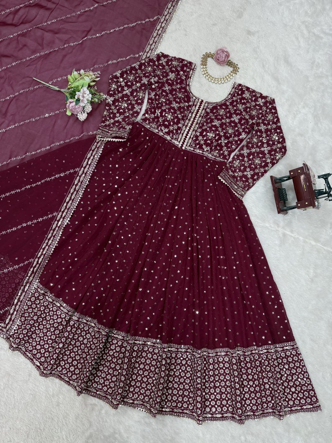 Fabulous Gorgette Maroon Color Gown