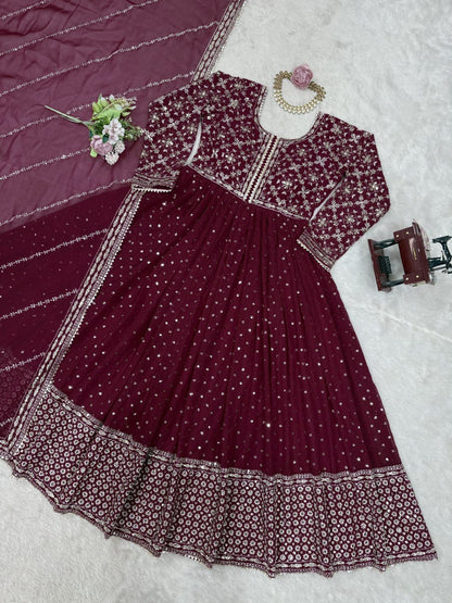 Fabulous Gorgette Maroon Color Gown