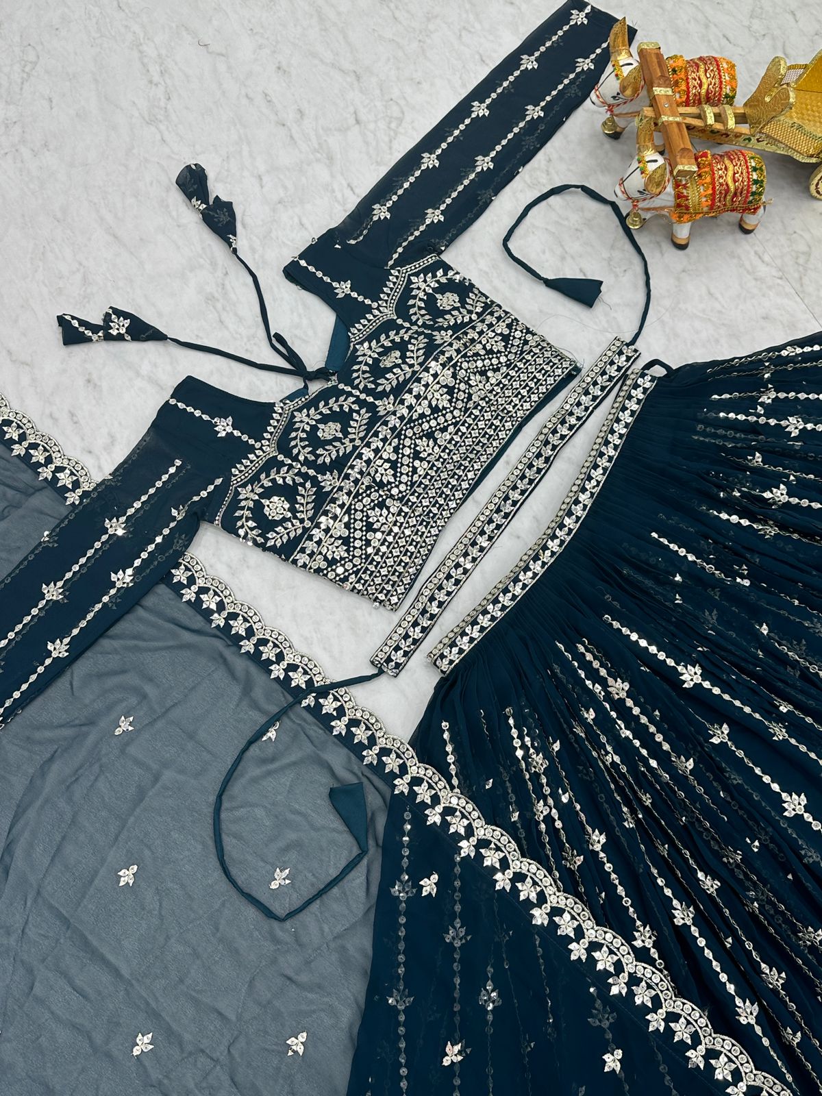 Designer Georgette Sequence Work Teal Blue Color Lehenga Choli