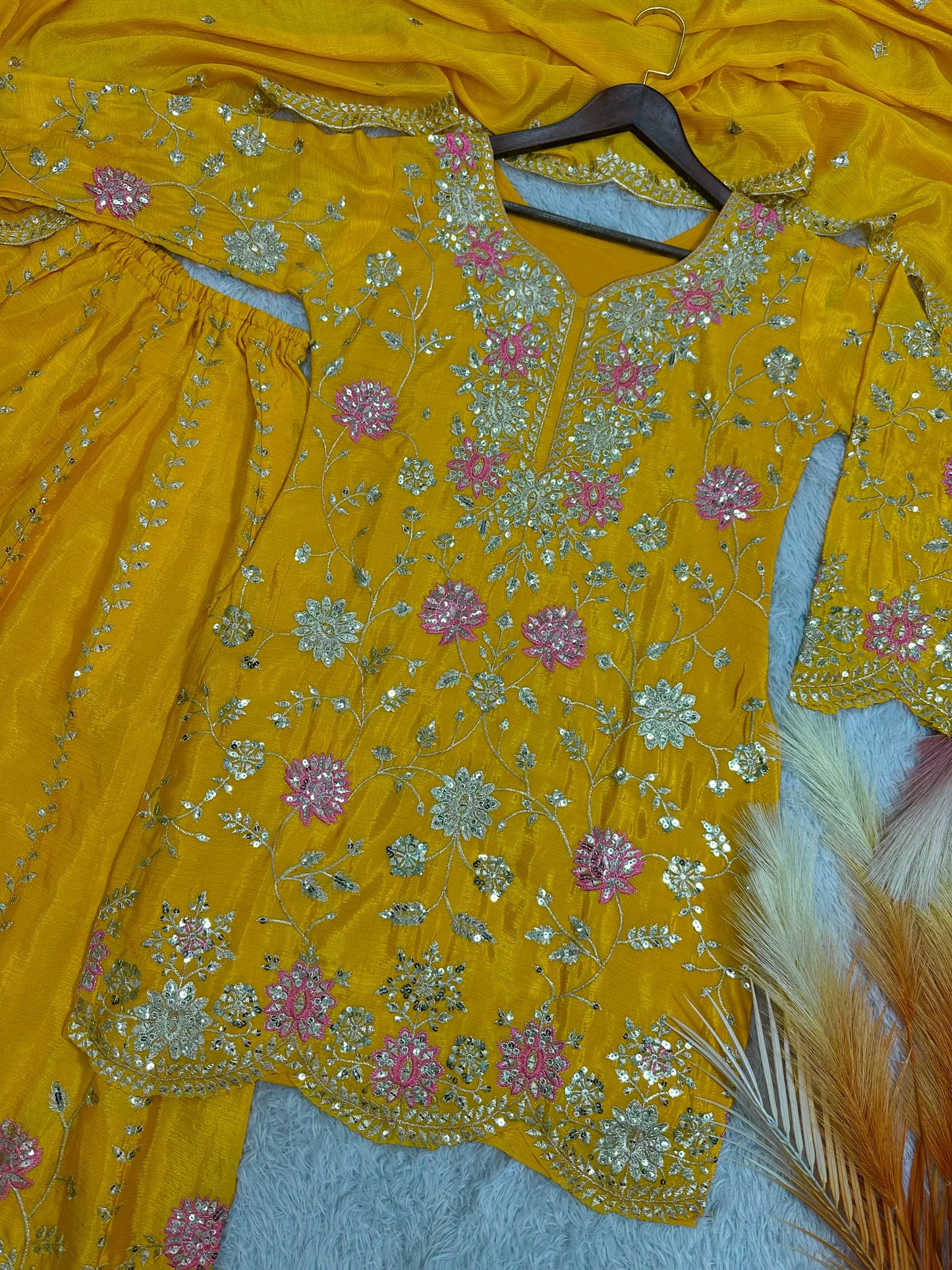 Outstanding Sequence Haldi Wear Yellow Color Sharara Suit